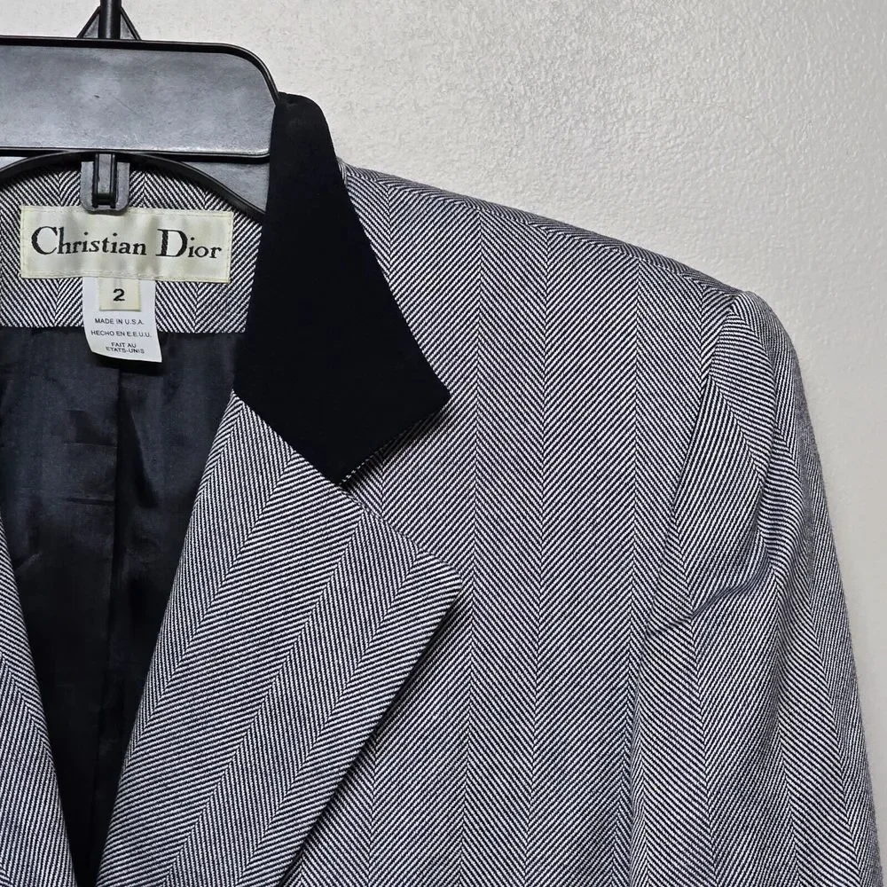 Christian Dior Womens Navy Blue Herringbone Blazer Sz 2 Elegant Academia Office‎